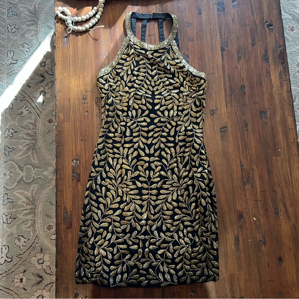 Oleg Cassini Black Tie 100% Silk Beaded Black & Gold Halter Dress